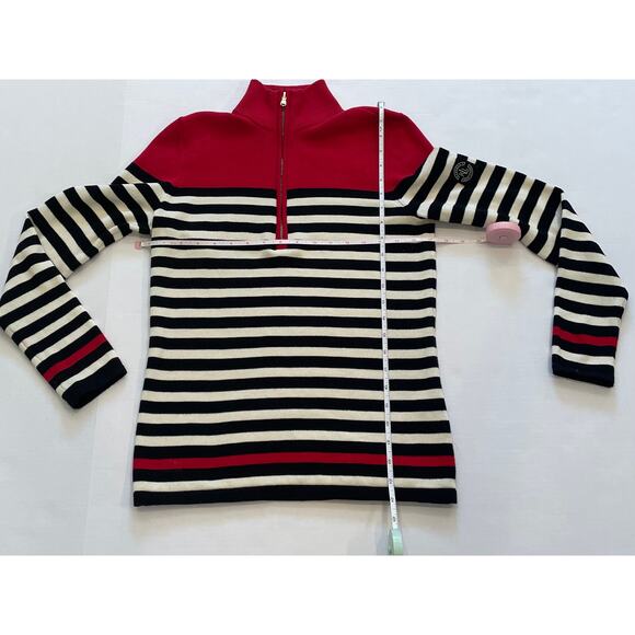 Lauren Ralph Lauren Cotton Red, White Black Stripe 1/4 Zip Sweater, Preppy, M - Picture 9 of 11